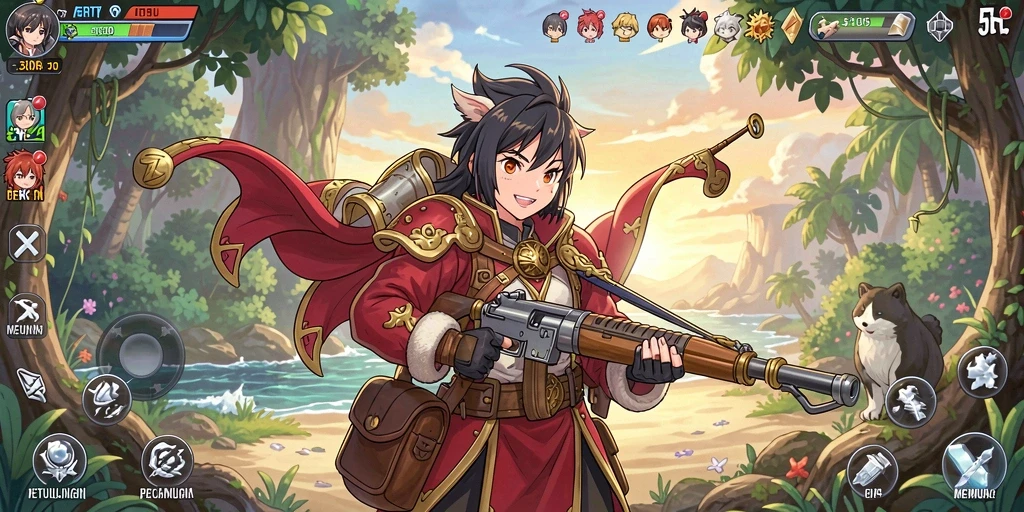 Screenshot gameplay menunjukkan pertarungan seru dalam dunia 5RT yang penuh warna.