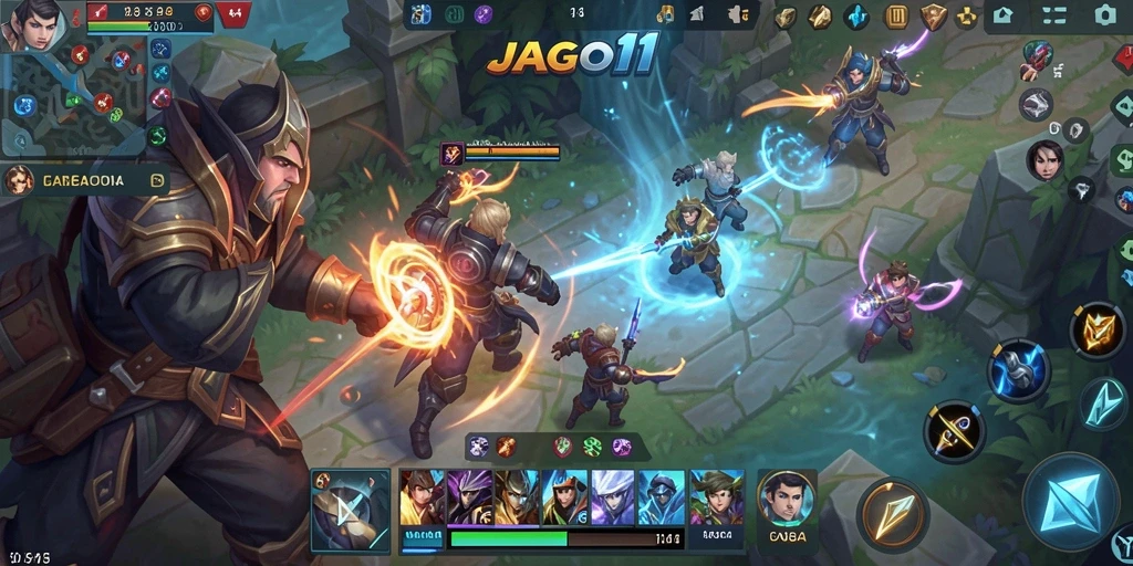 Screenshot permainan JAGO11 yang menunjukkan aksi pertarungan tim yang seru.