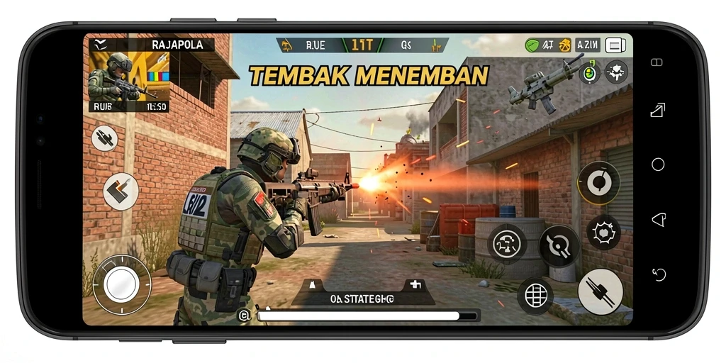 Tampilan gameplay seru RAJAPOLA dengan aksi tembak-menembak.