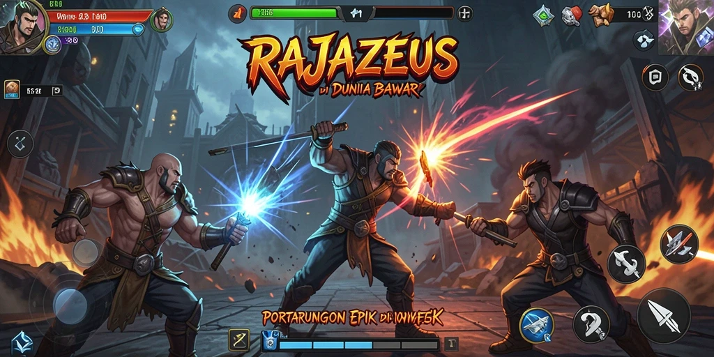 Screenshot menampilkan pertarungan seru dalam RAJAZEUS dengan grafis yang memukau.