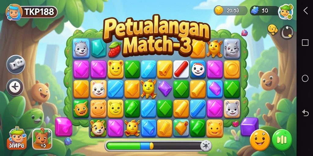 Gambaran gameplay seru TKP188 dalam pertempuran Match-3.
